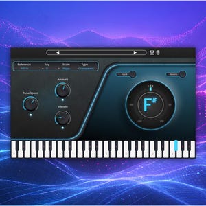 Puede incluir: Una interfaz de estación de trabajo de audio digital (DAW) con un teclado de piano en la parte inferior. La interfaz tiene una combinación de colores negro y verde azulado con perillas y un dial grande que muestra "F#". El fondo es un diseño abstracto azul y morado.