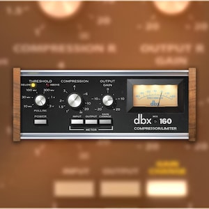 May include: A black dbx 160 compressor/limiter with wooden side panels. It features knobs for threshold, compression, and output gain, along with a meter displaying decibels. The text "dbx 160 COMPRESSOR/LIMITER" is visible.