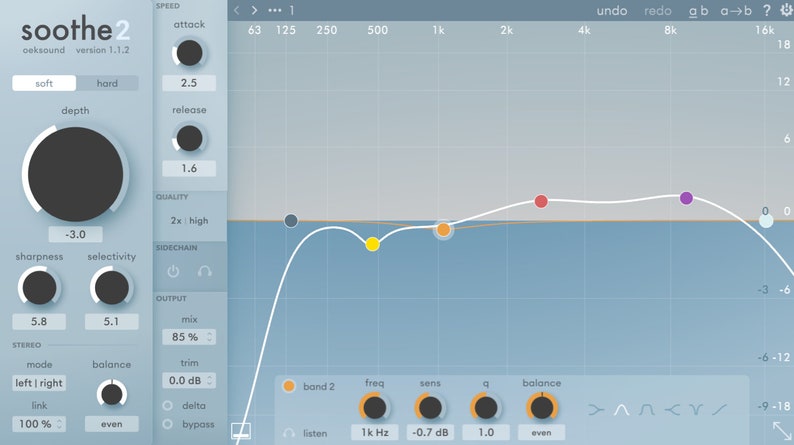 Screenshot of Soothe2 plugin interface by oeksound, showcasing advanced dynamic resonance suppression with intuitive controls for frequency and intensity. Designed to reduce harshness and unwanted frequencies in vocals, instruments, and mixes