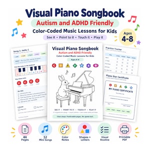 May include: A Visual Piano Songbook for ages 4-8, featuring color-coded music lessons, a practice tracker, and a piano star certificate. The cover displays a rabbit playing a grand piano with musical notes and lettered shapes C through B.