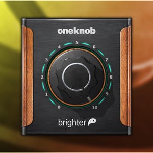 Könnte beinhalten: Ein schwarzer Audioregler mit einem kreisförmigen Zifferblatt und einem Holzrahmen. Das Zifferblatt hat Zahlen von 0 bis 10 und eine grüne Anzeige. Der Text "oneknob" steht oben und "brighter" unten.