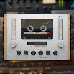 May include: A digital audio interface plugin featuring a central cassette tape graphic labelled Master, flanked by two vertical VU meters. The white panel includes input and output knobs, six black control dials for settings, and three mode buttons.