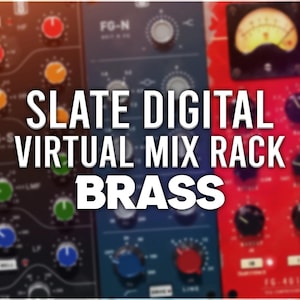 May include: Image of a virtual mix rack with panels in various colours, knobs, and meters. The text "SLATE DIGITAL VIRTUAL MIX RACK BRASS" is overlaid. The rack has a variety of controls and indicators for audio mixing.
