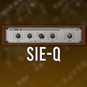 May include: An audio equalizer with the text "SIE-Q". The device has a wooden frame and a silver faceplate with four knobs labelled LOW, MID, HIGH, and DRIVE. The background is a blurred gradient of brown and gold.