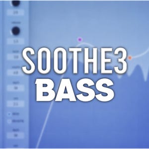 May include: A digital audio workstation (DAW) interface with the text "SOOTHE3 BASS" in bold white letters. The background is a gradient of blue with a waveform graph and control knobs.
