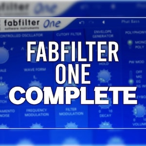 Peut inclure: Une interface numérique bleue et blanche pour le synthétiseur logiciel Fabfilter One. L'interface comprend une variété de boutons, de curseurs et de boutons pour contrôler le son du synthétiseur. Le texte "Fabfilter One Complete" est affiché en grandes lettres blanches.