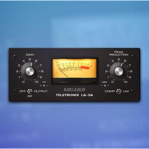 Puede incluir: Nivelador de audio negro con perillas para "Gain" y "Peak Reduction". En el centro, un medidor VU con fondo amarillo y aguja roja. El texto "Audio Leveler Teletronix LA-3A" está impreso debajo.