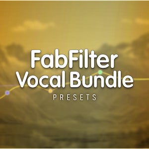 Può includere: Grafica digitale con il testo "FabFilter Vocal Bundle" in bianco, su uno sfondo sfocato dai toni dorati. La parola "PRESETS" appare sotto il testo principale. Una linea curva con punti colorati aggiunge un elemento di design.