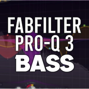 Può includere: Uno screenshot di una workstation audio digitale che mostra un equalizzatore grafico con il testo "FABFILTER PRO-Q 3 BASS" in lettere bianche su uno sfondo scuro.