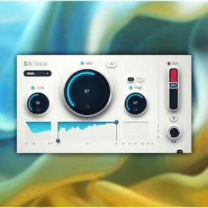 May include: A white digital audio interface with blue and black knobs and a blue and white equalizer display. The interface is labeled "Silk Vocal" and has controls for "Low", "Mid", "High", and "Dyn".