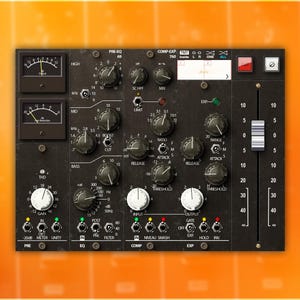 Puede incluir: Una consola de mezcla de audio negra con numerosas perillas, diales y deslizadores. Cuenta con dos medidores VU analógicos, controles etiquetados para pre-EQ, compresión y expansión, y una serie de conectores de entrada y salida. La consola está sobre un fondo naranja.