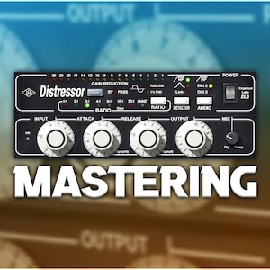 May include: A black audio mixing console with the text "Distressor" and "MASTERING" in white. The console has multiple knobs and buttons, including input, attack, release, output, and mix.