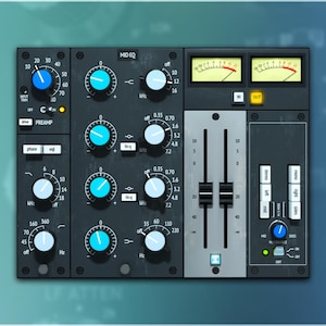May include: A black audio mixing console with multiple knobs, sliders, and meters. The console has blue and white controls, with labels like "PREAMP" and "MID EQ." Two meters display needle readings. The background is a gradient of blue.