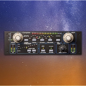 May include: Black audio equipment with knobs, buttons, and lights. The device has the text "CompSat" and various control labels like "Drive," "Mode," and "Out." The background transitions from a starry blue to a warm orange.