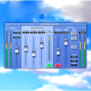 Puede incluir: Interfaz de audio digital con el texto "OXFORD LIMITER" en la parte superior. La interfaz tiene múltiples controles deslizantes, medidores y botones, con etiquetas como "Threshold", "Attack" y "Output". El fondo es un cielo azul con nubes blancas.