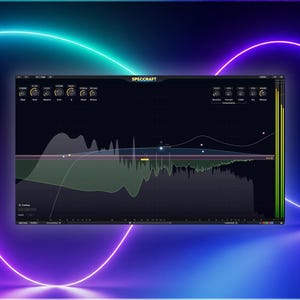 May include: A digital audio software interface titled SPECCRAFT displayed on a dark screen. The interface features various control knobs, a central frequency spectrum analyser with a green waveform, and vertical level meters on the right side.