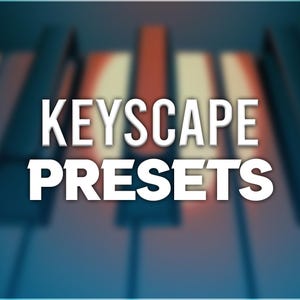 Może przedstawiać: Rozmyte zdjęcie klawiatury fortepianu z tekstem "KEYSCAPE PRESETS" w białych literach na niebieskim tle.