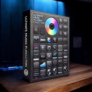 May include: A black box with the text "ULTIMATE MUSIC PLUGINS COLLECTION" on the front. The box has a variety of icons on it, including a CD, a microphone, and a keyboard. The box is sitting on a wooden table.