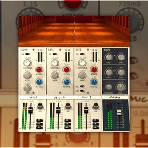 Puede incluir: Una interfaz de estación de trabajo de audio digital con un mezclador que presenta tres canales de micrófono, un canal maestro y un efecto de sala. La interfaz tiene perillas para ataque, liberación, umbral y ganancia. La interfaz tiene deslizadores para volumen y balance. La interfaz tiene un medidor verde para cada canal.