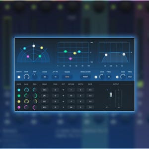 May include: A blue digital audio interface with a graphic equalizer, a circular display with multiple dots, and a series of knobs and sliders. The interface has labels for "Gain", "Pan", "Delay", "Form", "Oct", "Depth", "Rate", and "Output".