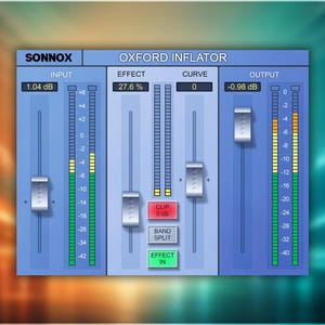 May include: A digital audio interface for the Sonnox Oxford Inflator plugin, featuring a blue control panel with three main sections. It includes input and output level meters, faders, and adjustable parameters for effect, curve, clip, and band split.