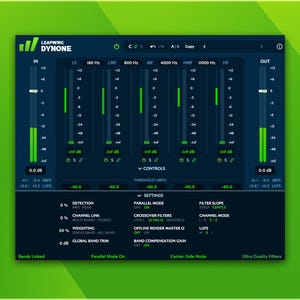 May include: A digital audio workstation interface with a dark blue background and green sliders. The interface displays the text "LEAPWING DYNONE" and includes various controls and settings for audio processing.