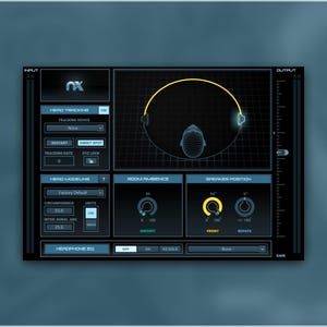 May include: A digital audio interface with a dark interface. The interface displays various controls, including head tracking, room ambience, and speaker position. The interface has a blue and black colour scheme with a graphic of a head and headphones.