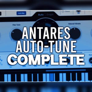 Pode incluir: Um close-up de uma tela de computador mostrando a interface do software Antares Auto-Tune Complete. A interface inclui um teclado, botões e controles deslizantes para ajustar as configurações de áudio.