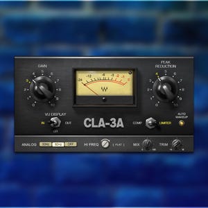 Puede incluir: Unidad de procesamiento de audio negra con perillas etiquetadas como "Gain" y "Peak Reduction". Una pantalla VU muestra una aguja y una escala. La unidad está etiquetada como "CLA-3A" y tiene varias opciones de control, incluyendo "Comp" y "Limiter".