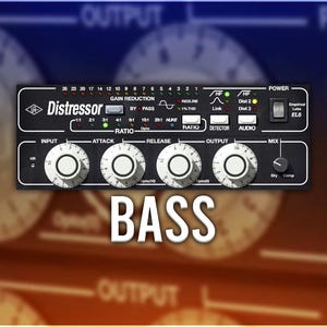 May include: A black audio compressor unit with the text "Distressor" and "BASS" printed on it. The unit has several knobs and buttons, including input, attack, ratio, release, output, and mix.