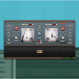 May include: A digital audio workstation interface with two display screens showing microphones in recording studios. The interface has various knobs, buttons, and dials, with the "atlantic studios" logo at the bottom.