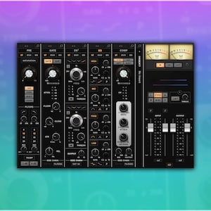 May include: A black audio processing unit with numerous knobs, buttons, and meters. The unit features labels such as "Pre," "Gate," "Comp," and "Insert." The background has a gradient of purple and blue.