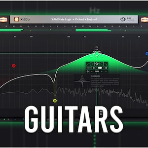 Puede incluir: Una captura de pantalla de una interfaz de plugin de estación de trabajo de audio digital que muestra un gráfico de ecualizador verde con el texto "GUITARS" en blanco. El plugin se llama "X-EQ2" y está hecho por Solid State Logic.