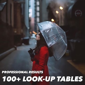 May include: A woman in a red coat stands in a city alleyway, holding a clear umbrella and looking up at the sky. The alleyway is wet and there is a large building in the background.