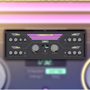 Könnte beinhalten: Eine digitale Audioeffektschnittstelle mit dem Text "COMEBACK-KID" in einem rosa und weißen Design. Die Oberfläche hat Knöpfe und Regler mit den Bezeichnungen "TIME", "FEEDBACK", "SHAPER", "FLAVOR", "STEREO" und "OUTPUT".