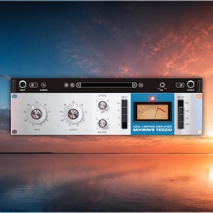 Puede incluir: Un limitador de audio para rack con panel frontal plateado, que incluye dos perillas grandes de entrada y salida, diales más pequeños de ataque y liberación, un deslizador de ratio vertical y un medidor VU analógico con luz roja Mixwave Teezio.