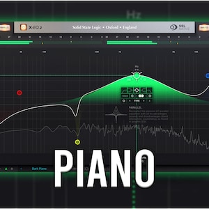 Puede incluir: Una interfaz de ecualizador de audio digital con un fondo oscuro y reflejos verdes. La interfaz muestra un espectro de frecuencias con bandas y controles ajustables. La palabra "PIANO" se muestra prominentemente en la parte inferior.