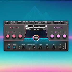 May include: A digital audio workstation (DAW) interface with a dark gray and pink color scheme. The interface features numerous knobs, buttons, and sliders, with the text "OVOX" prominently displayed. The background has a retro, neon-style design.
