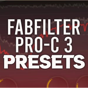 Può includere: Grafica digitale con la scritta "FABFILTER PRO-C 3 PRESETS" in bianco in grassetto. Lo sfondo è un gradiente rosso scuro con linee rosse e bianche, simile a un grafico finanziario.