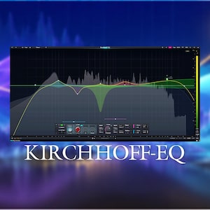May include: A digital audio equaliser interface labelled KIRCHHOFF-EQ, featuring a dark background with a frequency spectrum analyser, multiple adjustable control points, and a bottom control panel with knobs and settings for precise sound processing.