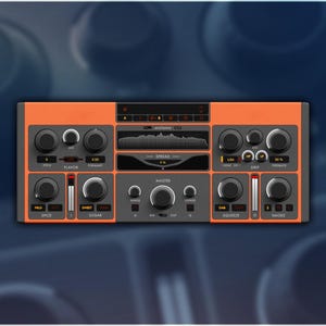 Può includere: Un'interfaccia per workstation audio digitale (DAW) con una combinazione di colori arancione e grigio. Presenta numerose manopole, cursori e pulsanti con termini come "Pitch", "Flavor" e "Master". L'interfaccia ha un display centrale che mostra una forma d'onda.
