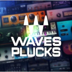 Pode incluir: Um logotipo branco com o texto "WAVES PLUCKS" em um fundo de imagens desfocadas de vários plugins de áudio. O logotipo apresenta quatro ondas estilizadas brancas.