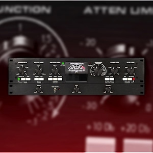 May include: A black audio compressor with a variety of knobs and buttons. The compressor has a digital display that reads "Compressor".