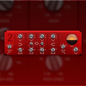 May include: A red audio mixing console with a variety of knobs and buttons. The console has a large meter in the center with a yellow needle. The console is labeled "2" in the upper left corner.