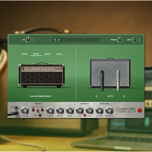 May include: A digital interface for an electric guitar amplifier, with a green and silver design. The interface shows two amplifier models, a guitar, and a laptop. The text "Enigmatic" is visible.