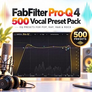 Puede incluir: Una pantalla de producto digital para el paquete de 500 preajustes vocales FabFilter Pro-Q 4 con preajustes de ecualización para pop, rap, R&B y rock. La imagen muestra un monitor de computadora con una interfaz de ecualizador, micrófono y auriculares.