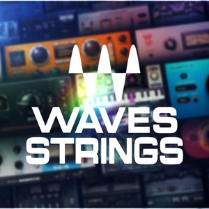 Pode incluir: Logotipo Waves Strings com fonte branca em um fundo desfocado de vários plugins de áudio. O logotipo apresenta quatro ondas brancas e o texto "WAVES STRINGS".