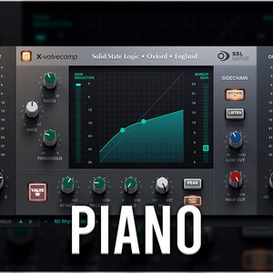 Puede incluir: Una captura de pantalla de un plugin de estación de trabajo de audio digital llamado "X-valvecomp" de SSL Native. El plugin es un compresor con una interfaz gráfica que muestra una curva de reducción de ganancia. El texto "PIANO" se muestra debajo del plugin.