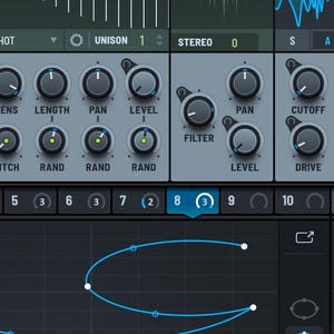 May include: A digital audio workstation interface featuring a gray control panel with multiple circular knobs labeled Warp, Scan, Dens, Length, Pan, Level, Filter, Cutoff, Res, Drive, and Damp, positioned above a dark grid with a blue curved line.