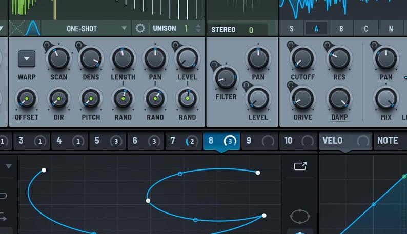 May include: A digital audio workstation interface featuring a gray control panel with multiple circular knobs labeled Warp, Scan, Dens, Length, Pan, Level, Filter, Cutoff, Res, Drive, and Damp, positioned above a dark grid with a blue curved line.